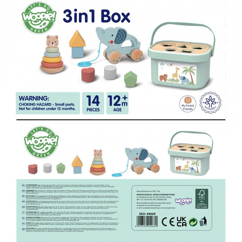 3in1 Toy Box - Sorting Blocks, Stackable Pyramid and Elephant On Wheels