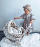 Whitewashed Wicker Doll Pram – Beige Bedding
